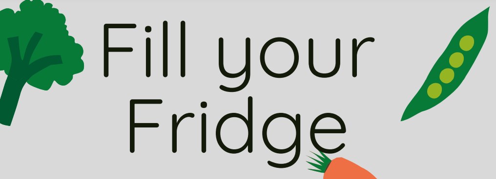 Fill your Fridge banner with illustrated broccoli, a pea pod and a carrot