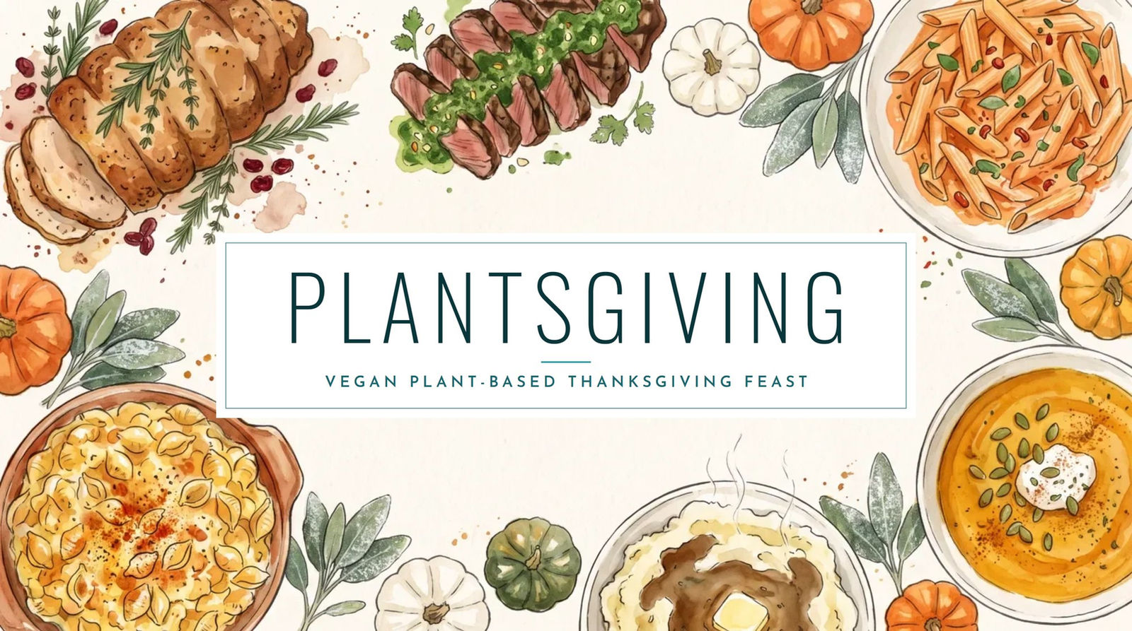 Plantsgiving, vegan plant-based Thanksgiving feast: illustrated roast, steak, penne, mac and cheese, mashed potatoes and squash soup